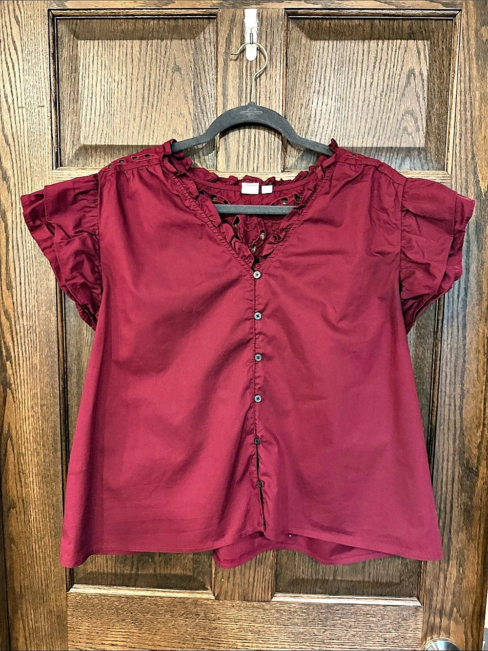 Gap Flutter Sleeve Eyelet Blouse Dark Red XL